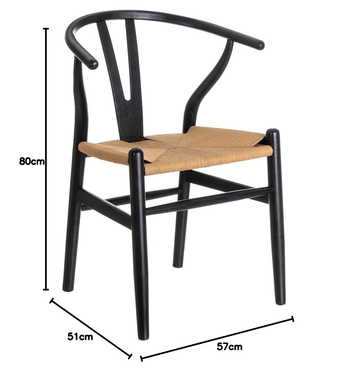 LOLAhome - Pack de 4 sillas de Comedor Ming de Madera de Olmo Color Negro con Asiento de Cuerda de Fibra de Papel en Tono Natural