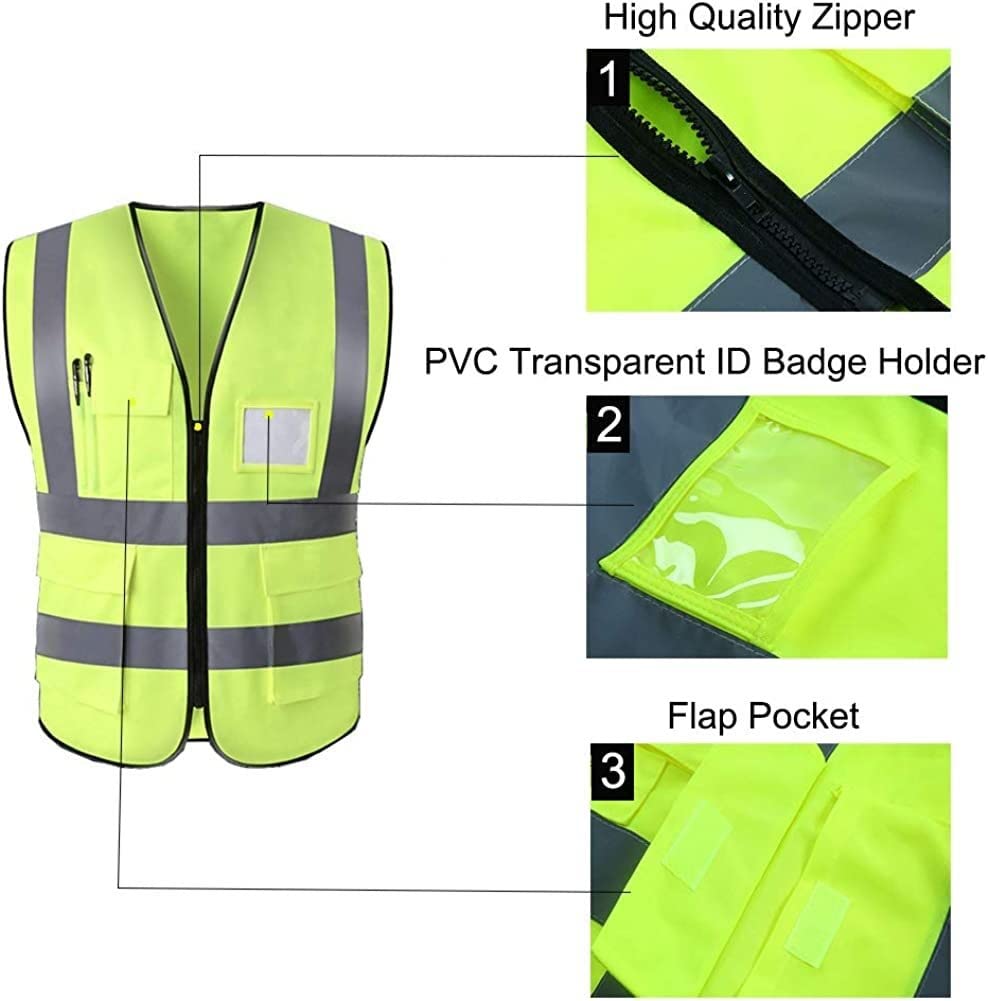 Chaleco de seguridad, chaleco de seguridad reflectante, chalecos reflectantes de alta visibilidad de alta visibilidad, ropa de trabajo, cremallera ejecutiva, 2 bandas de seguridad, bolsillo for teléfo