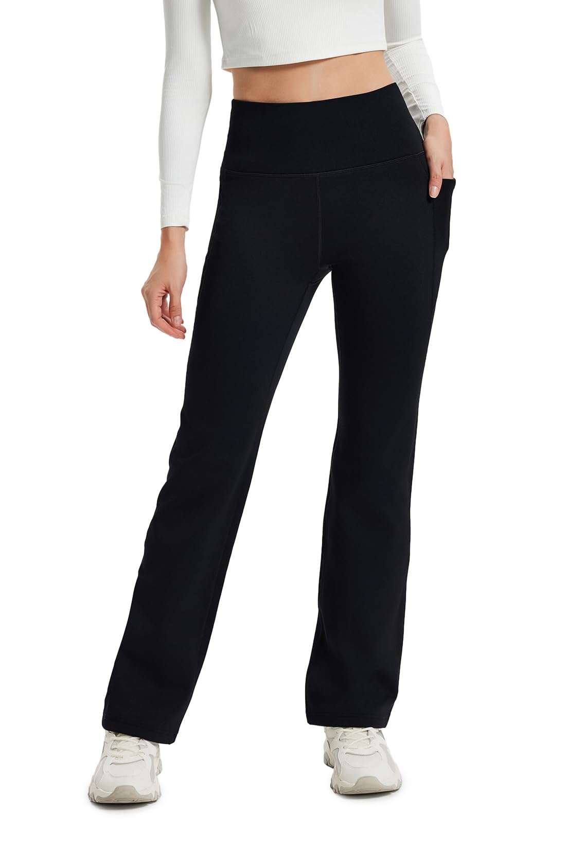 Yogipace Womens CozyWarmth High Rise Thick Fleece Lined Straight Leg Thermal Sweatpants with Side Pockets