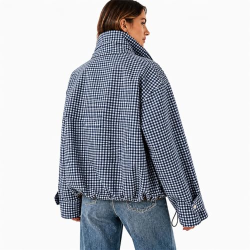 Women's Zipper Jackets Pullover Gingham Stand Collar Casual Bomber Jacket - image 2