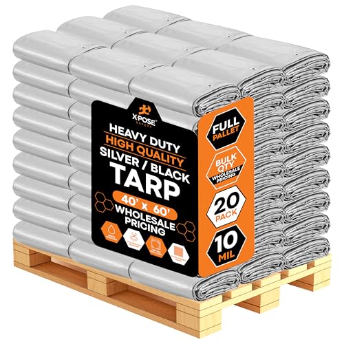 Image of Heavy Duty Poly Tarp 40' x 60' - Bulk Full Pallet (20 Pack) Thick Waterproof, UV Blocking Protective Cover - Reversible Silver & Black - 10 Mil Thick Polyethylene - by Xpose Safety