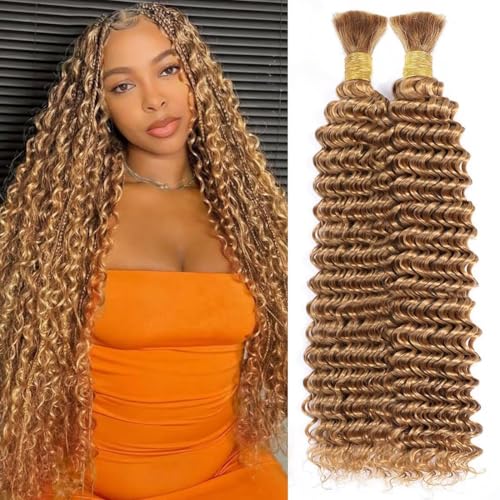 Boho Hair for Braiding Curly Virgin Human Braiding Hair for Women 12A Knotless Deep Wave Bulk Bohemian Styles 100g 16 Inch 2 Bundles/Pack Caramel Honey Blonde Color 27