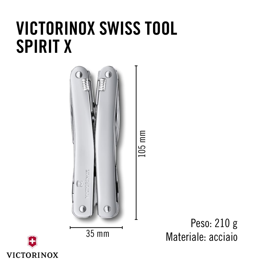Victorinox Multi-strumento Swiss Tool Spirit X, 24 Funzioni, Multiuso con Lama Bloccabile e Pinze a Punta Lunga, incl. Fodero in Nylon, Argento