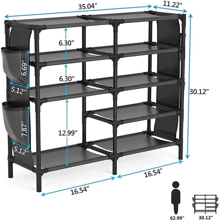 Shoe Rack with Pockets, Metal Black Space Saver Organizer Storage Shelf for 25-30 Pairs, 5-Tier Shoe Rack for Front Door Entryway, Hallway, Bedroom