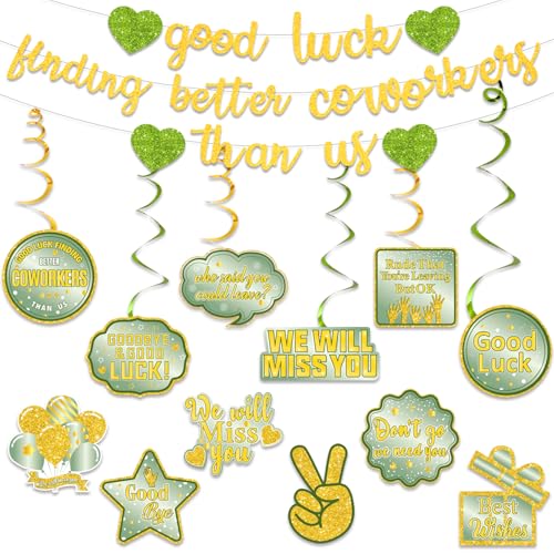 Image of Pre-Strung Good Luck Finding Better Coworkers Than Us Banner, Green Gold Glitter Going Away Party We Will Miss You Decorations, Great for Goodbye Farewell Job Change Party