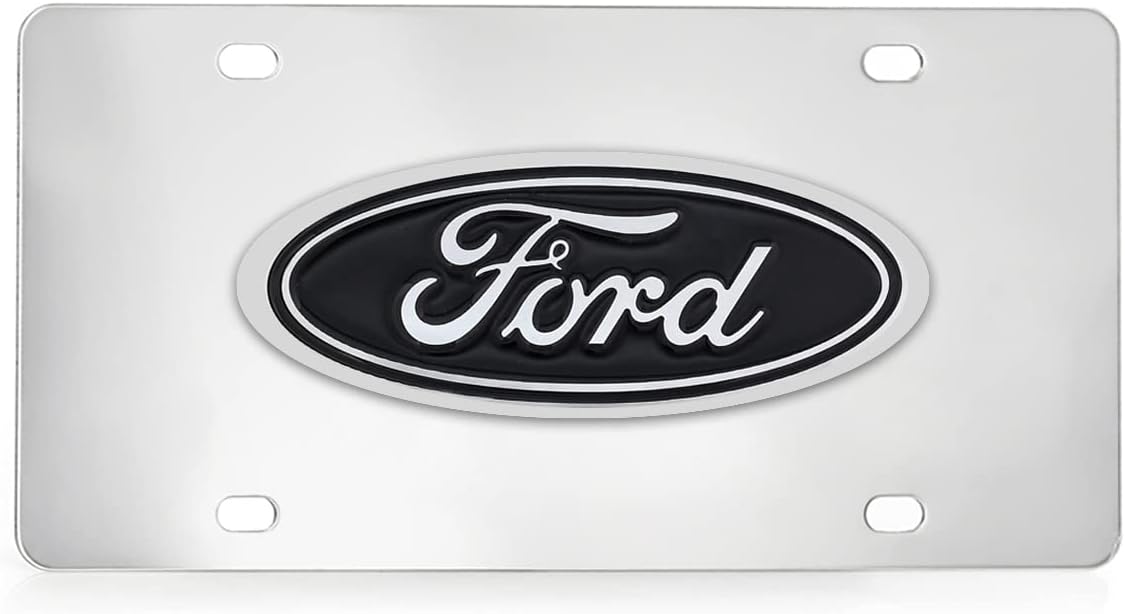 Ford Oval Decorative Vanity Front License Plate Stainless Steel (Black on Chrome Brass Emblem)