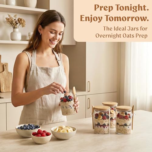 Image of EDELHAUS Overnight Oats Containers with Lids - Glass Mason Jars, Meal Prep | Bamboo Wood, Airtight Silicone Seal Set of 4 - Includes Spoons, 40 Labels for Chia Pudding, Yogurt, Cereal, Oatmeal