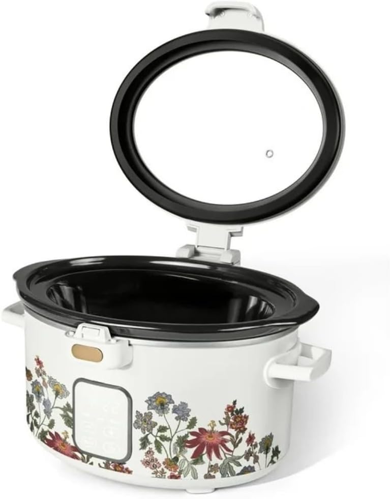Wonderful 4 Qt Digital Slow Cooker Electric Cooker Pot with Automatic Warm & Hinged Locking Lid, Non-Skid Feet, Cook and Carry Kitchen Appliances (WIldflower White)