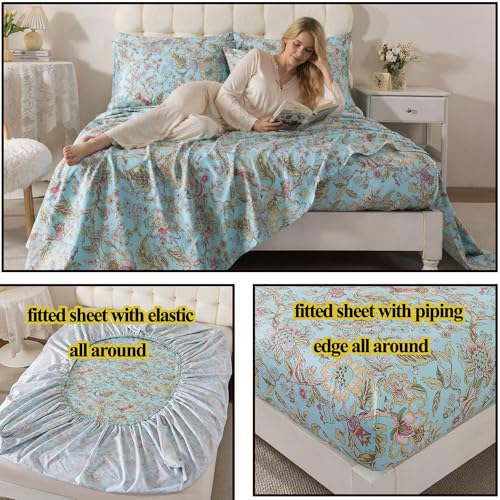 Image of FADFAY Full Sheet Set 4 Piece 100% Egyptian Cotton Bed Sheets Deep Pocket, Soft Breathable Vintage Blue French Country Bedding Shabby Cottagecore Floral Bedding Luxury Hotel Quality for All Seasons