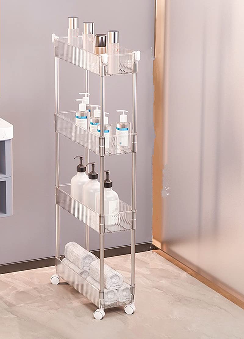 HAWAII 4 Tier Slim Rolling Storage Cart, Mobile Organizer Shelf Cart for Kitchen Bathroom Laundry Office, Narrow Places With Removable Wheels and 4pcs Hooks
