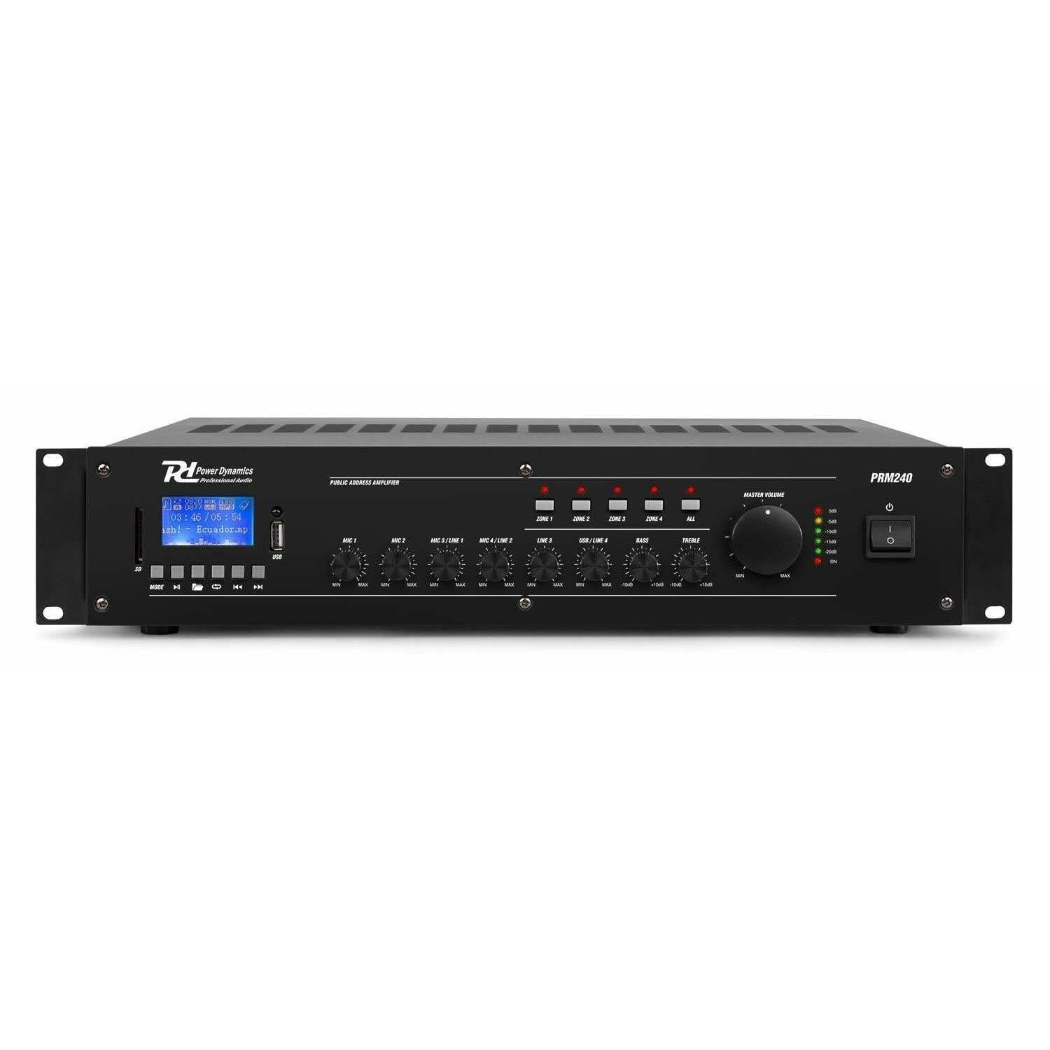 Versterker 100V - Power Dynamics PRM240 100V versterker met Bluetooth en mp3 speler - 240W