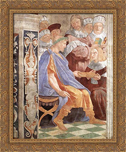 The Judicial Virtues: Pope Gregory IX approving the Vatical Decretals; Justinian handing the Pandects to Trebonianus (detail) 20x24 Gold Ornate Wood Framed Canvas Art by Raphael