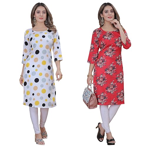 PRAZVIKA Women's Multicolor Trendy Execlusive Crepe Kurta||Pack of 2 Kurta||Kurta for Women