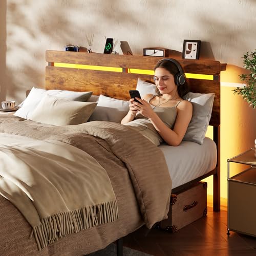 Image of Forestell Full Size Bed Frame with Wood Headboard, Metal Platform Bed with 2 Storage Drawers & Shelf, Built in Charging Station & LED Lights, No Box Spring Needed, Vintage Brown, Camas Full