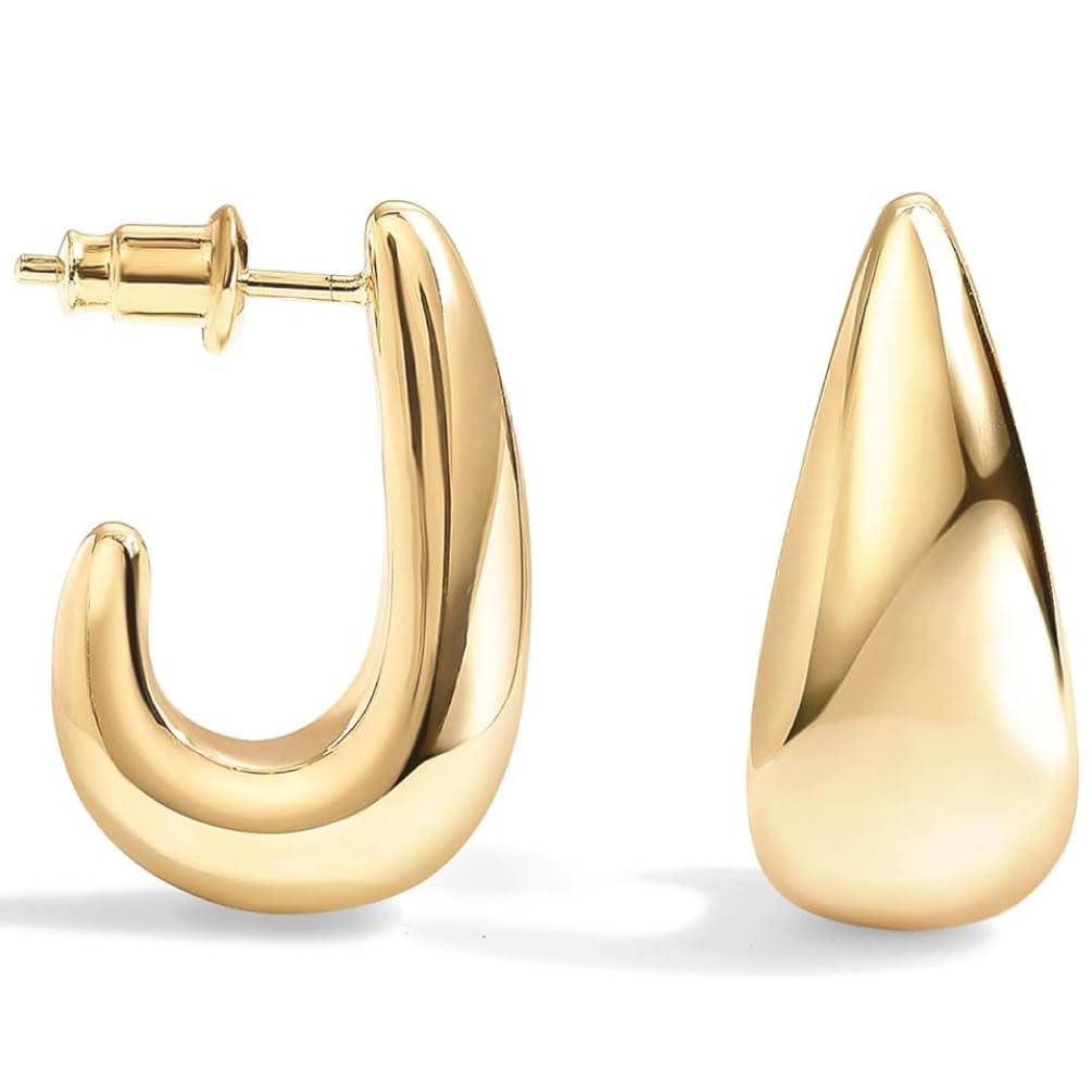 Lightweight Teardrop Statement Huggie Earrings | Gold Dome Hoop Tear Shape Drop Earrings for Women | Puffy Half Hoop