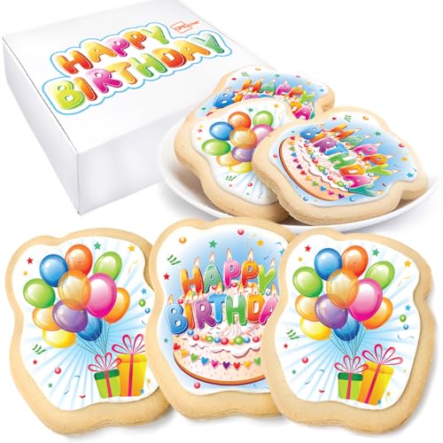 Happy Birthday Cookies Decorated Gift Basket Large 6 pack | Individually Wrapped Sugar Cookie Jumbo with Icing Cake Party | Nut-Free Kosher