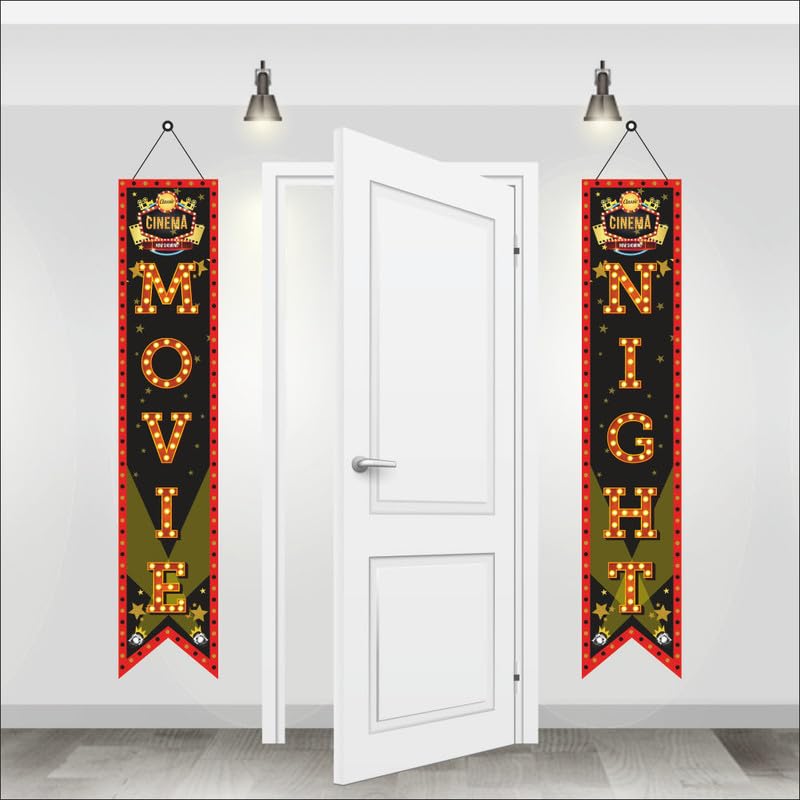 Image of Bollywood Movie Night Porch Sign Banner | Bollywood Backdrop for Movie Party Decorations (Pack of 2, Multi Color, Size: 5x1 Feet)