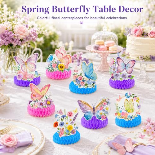 9 Pieces Butterfly Honeycomb Table Centerpieces, Colorful Floral Butterfly Decorations with Pink Purple Blue Bases, Spring Garden Party Supplies for Birthday Baby Shower Bridal Wedding Decor by Tedercle - Used condition - Image 4