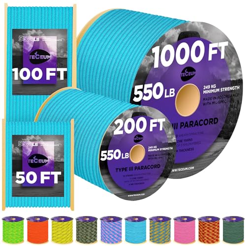 Image of TECEUM Reflective Paracord Rope 1000 - 1000ft /200ft /100ft /50ft - 40+ Colors - Glow in the Dark - para Cord - Utility Rope for Survival, Hunting & Camping Gear - Nylon String, Camping Rope, Tent Cord