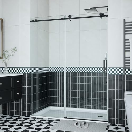 Frameless Shower Door 48 Inch, Sliding Glass Enclosure with Stainless Steel Square Rail & 6mm...