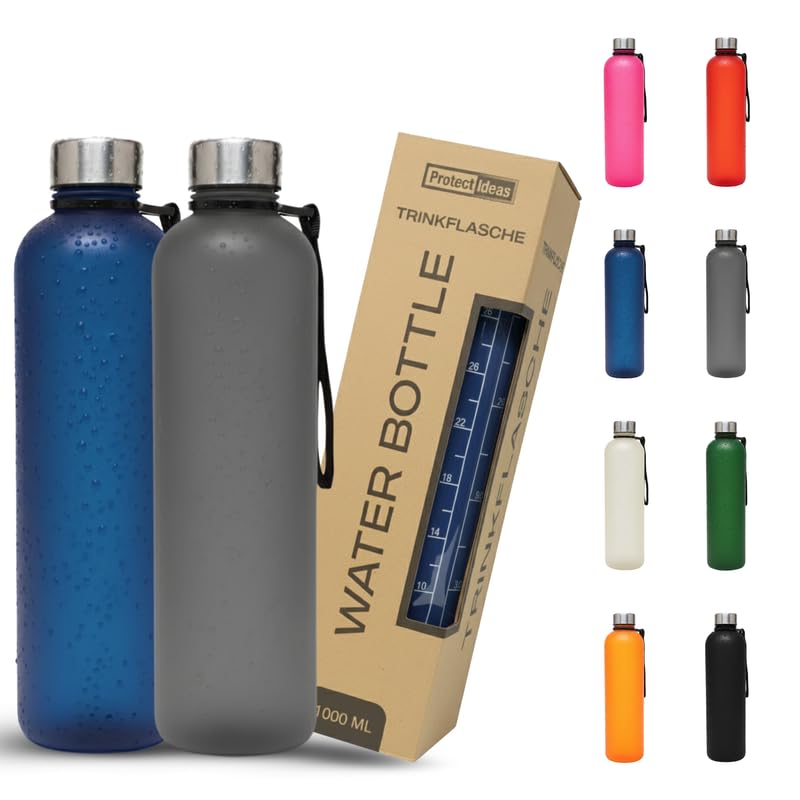 BierEx Trinkflasche 1l - Kohlensäure geeignet & Auslaufsicher - Für Sport, Schule & Büro - Sport Trinkflasche Gym - Wasserflasche Sprudel geeignet - Sportflasche 1 Liter (2 Stück Grau - Blau)
