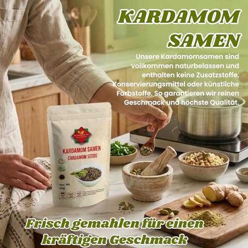 Foto von Kardamomsamen 50g – Grüner Kardamom Samen aus Indien – Cardamom Seeds Gewürz für Backen, Desserts, Chai & Gewürzmischungen – Intensiv Aromatisch – 100% Natürlich, Ohne Zusatzstoffe