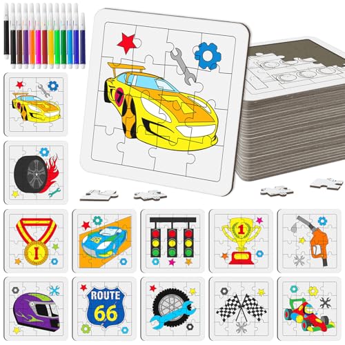 Cinrobiye 24 Pcs Race Car Coloring Jigsaw Puzzles Bulk DIY Racing Car Puzzle Crafts with Color Pens Race Fans Gifts for Home School Classroom Art Project Let's Go Racing Birthday Party Favors Supplies