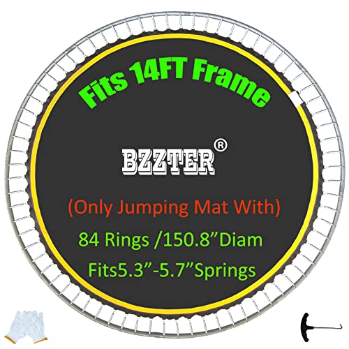 Bzzter Replacement Trampoline Mat,Fits 14ft Round Frame,with 84 Rings& 150.8 Inch Diameter, Fits 5.3"-5.7" Springs,10 Rows of Stitching for Longer Lasting,w/Pull Hook and Gloves,14ft Trampoline Mat