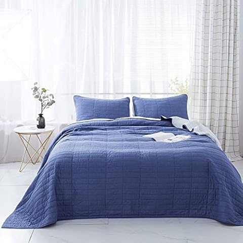 KASENTEX Authentic 100% Cotton 3-Piece Oversized Queen Quilt Sets Soft Bedspread Coverlet Set (Blue, 102X106+20X26 X2) Cover