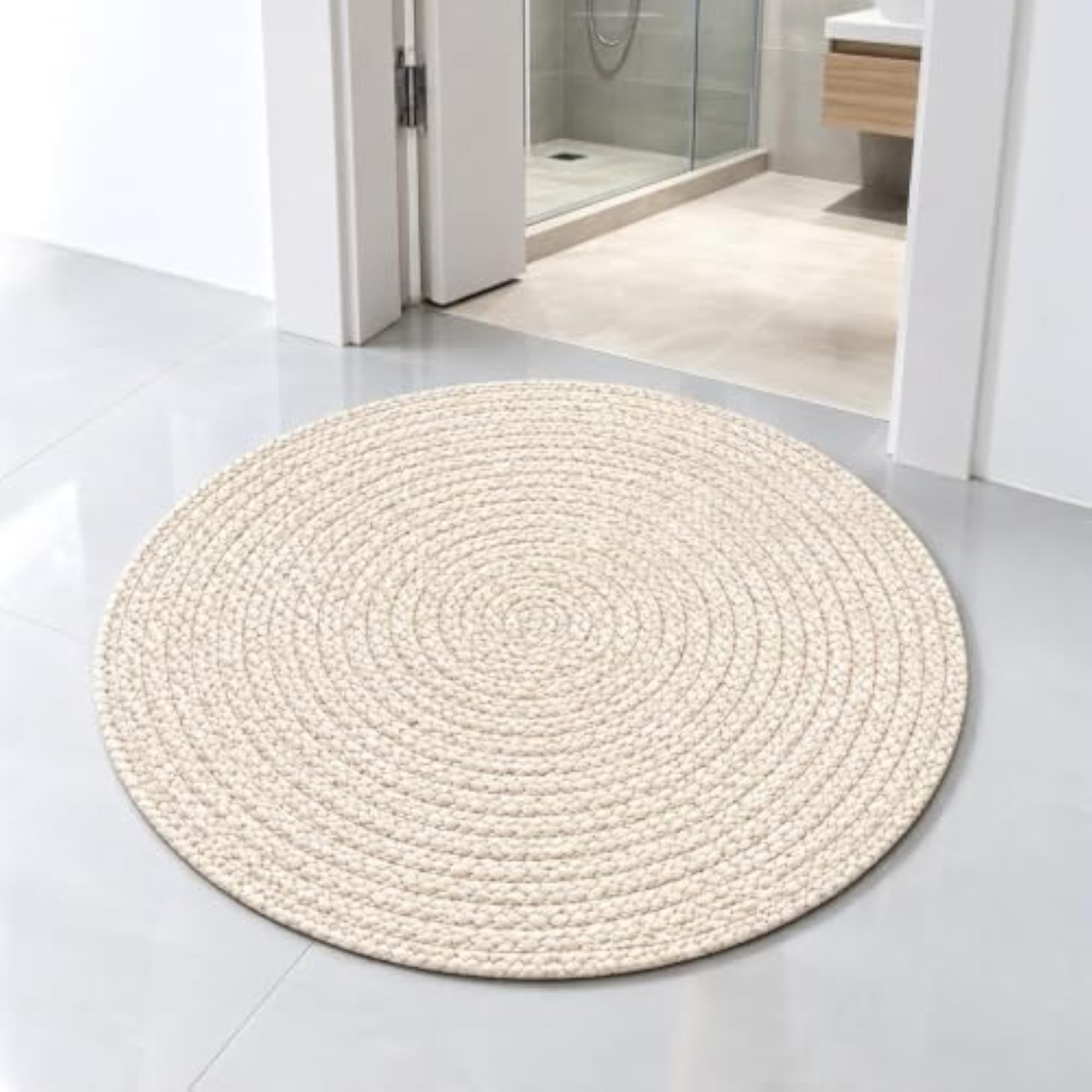 Round Bath Mat with Mandala Design, Beige