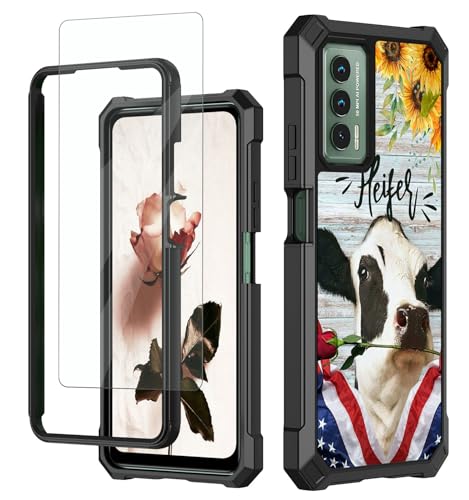 RAUEDWDJS for Cricket Outlast Case,At&t Jetmore Phone Case with Glass Screen Protector,Heavy Duty Hard PC & Soft TPU Bumper Shockproof Protective Phone Case for Cricket Outlast-Flag Cow Sunflower