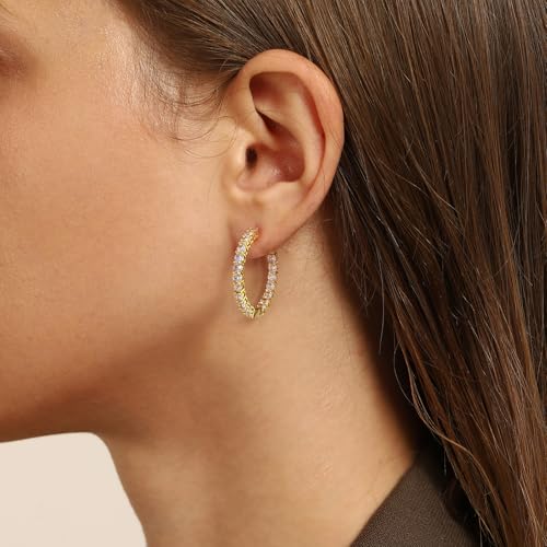 Sterling Silver Gold Large Hoop Earrings for Women - Hypoallergenic Cubic Zirconia Big Loop Earrings for Lady for Sensitive Ears Fashion Huggie Earrings,30MM2