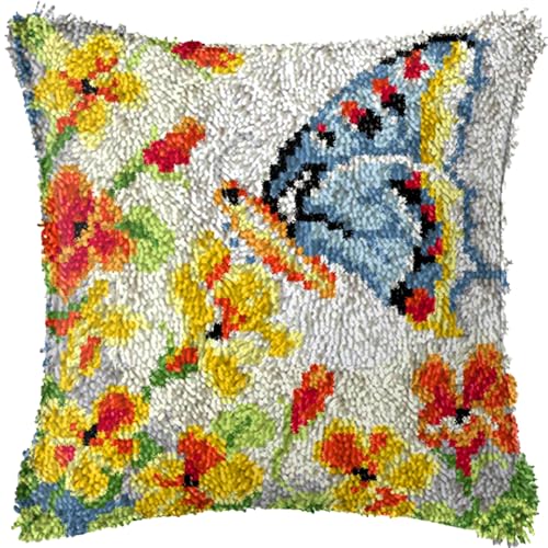 Image of LUBOT 16 inch*16 inch Summer Butterfly Latch Hook Kits for Adults Rug Pillow Cover with Printed Canvas Pattern Crochet Kit for Beginners
