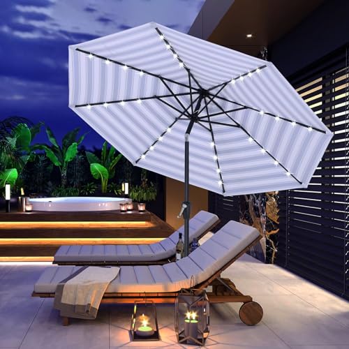 Image of ABCCANOPY Durable Solar Led Patio Umbrellas with 32LED Lights 9FT (Blue White Stripes)