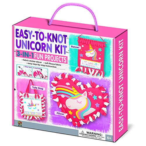 C.S. Kids Easy-to-Knot Unicorn Themed 3 in 1 DIY Kit | Fun DIY Arts and Craft Gifts Make Your Own for Kids | Educational Guides to Create Knotted Tote Bag, Pillow and Banner