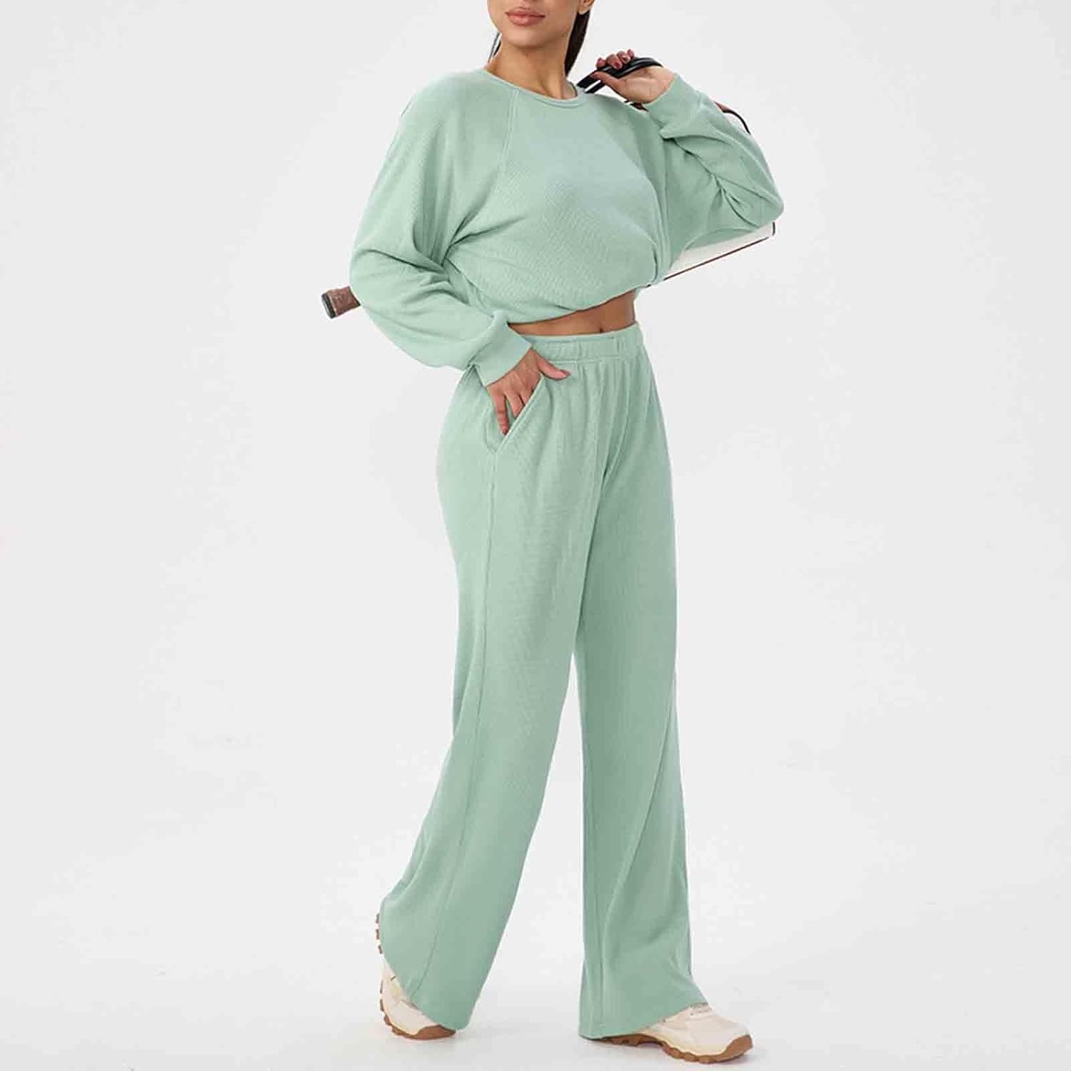 Oplxuo Women's Waffle Lounge Set 2 Piece Long Sleeve Crewneck Loose Tops with Wide Leg Pants Sports Workout Tracksuit Outfits