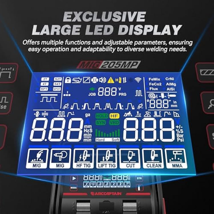 ARCCAPTAIN MIG205MP MIG Welder 9 IN 1 iControl APP Control Plasma Cutter/Pulsed MIG/Flux Core/Spool Gun/DC HF/Lift TIG/Clean/Stick Aluminum Welding Machine 120/240V Dual Voltage Multiprocess Welder