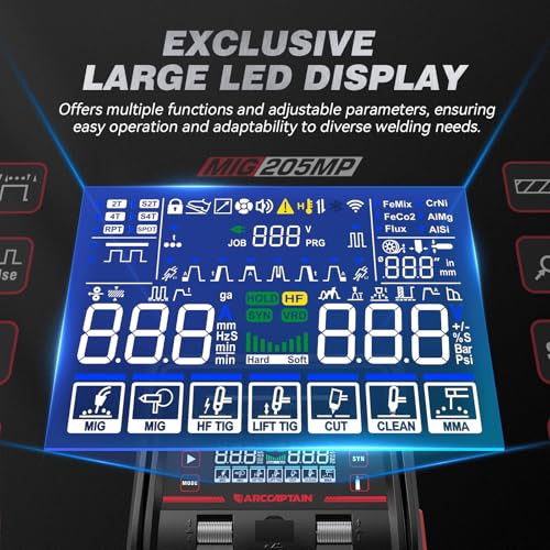ARCCAPTAIN MIG205MP MIG Welder 9 IN 1 iControl APP Control Plasma Cutter/Pulsed MIG/Flux Core/Spool Gun/DC HF/Lift TIG/Clean/Stick Aluminum Welding Machine+ARCCAPTAIN Large Viewing Screen Welding Helm