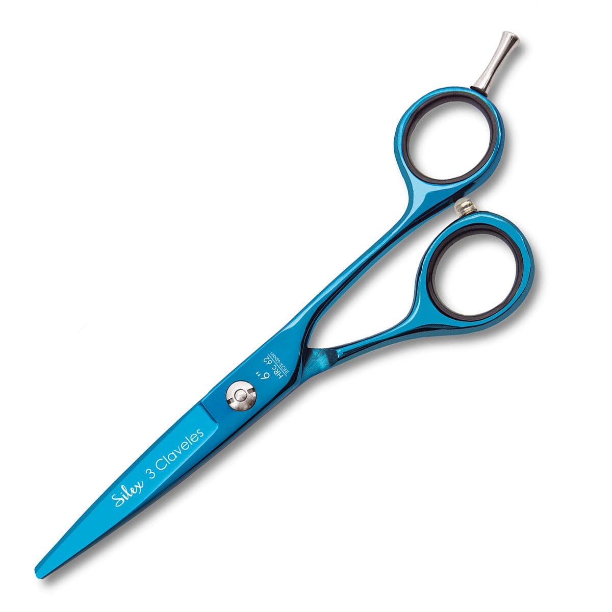 3 Claveles Sílex - Tijera de peluquero de corte 6", recubrimiento nitruro titanio azul, tijera peluquería dedales ergonómicos, con apoyadedos