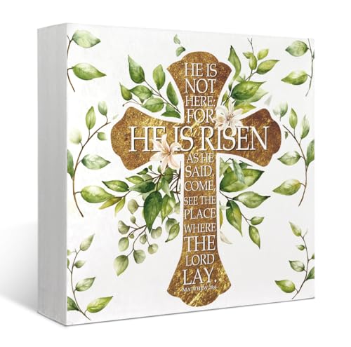 XYDEG He Is Risen Wooden Sign Christian Table Centerpiece Religious Cross Eucalyptus Leaf for Indoor Desk Tabletap Craft Home Party Tiered Tray Decor Easter Decorations 5×5 in