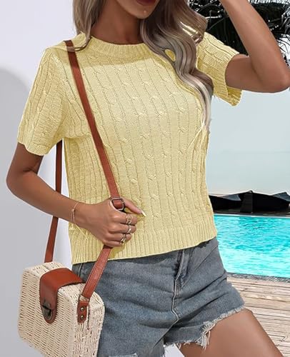 Image of MINTLIMIT Women's Short Sleeve Sweater Tops Lightweight Pullover Shirts 2025 Spring Summer Trendy Casual Blouses