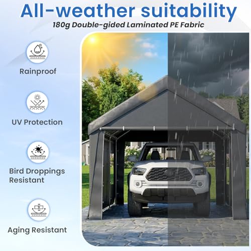 Bezseller 10x20 FT Heavy Duty Carport Canopy with Removable Sidewalls, Portable Garage Tent with Roll-Up Windows & Doors, Car Port with All-Season Tarp for Cars, Boats, Trucks, Gray - Thumbnail 5