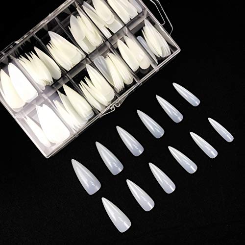 Michelle 120Pcs False Nails Tips Stiletto Shape Full cover 12 Sizes with Case (Natural White)