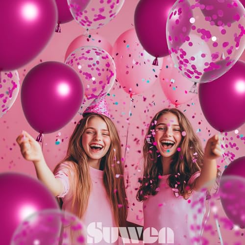 Image of SUWEN Metallic Hot Pink and Confetti Balloons Set 47PCS Magenta Latex | Helium Chrome Balloon for Birthday Valentine Anniversary Party Decorations