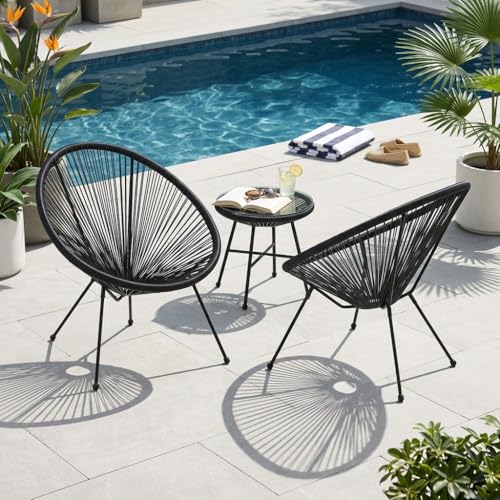 Qinazoe Acapulco Chair of 2 Outdoor Egg Chair with Woven Rattan Steel Frame for Backyard Poolside Balcony Indoor Dining Room (Black)