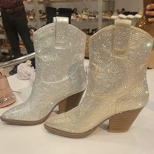 Forever Women's Rhinestone Block Heel Ankle Boots River-01 Champagne 10 | Image 2
