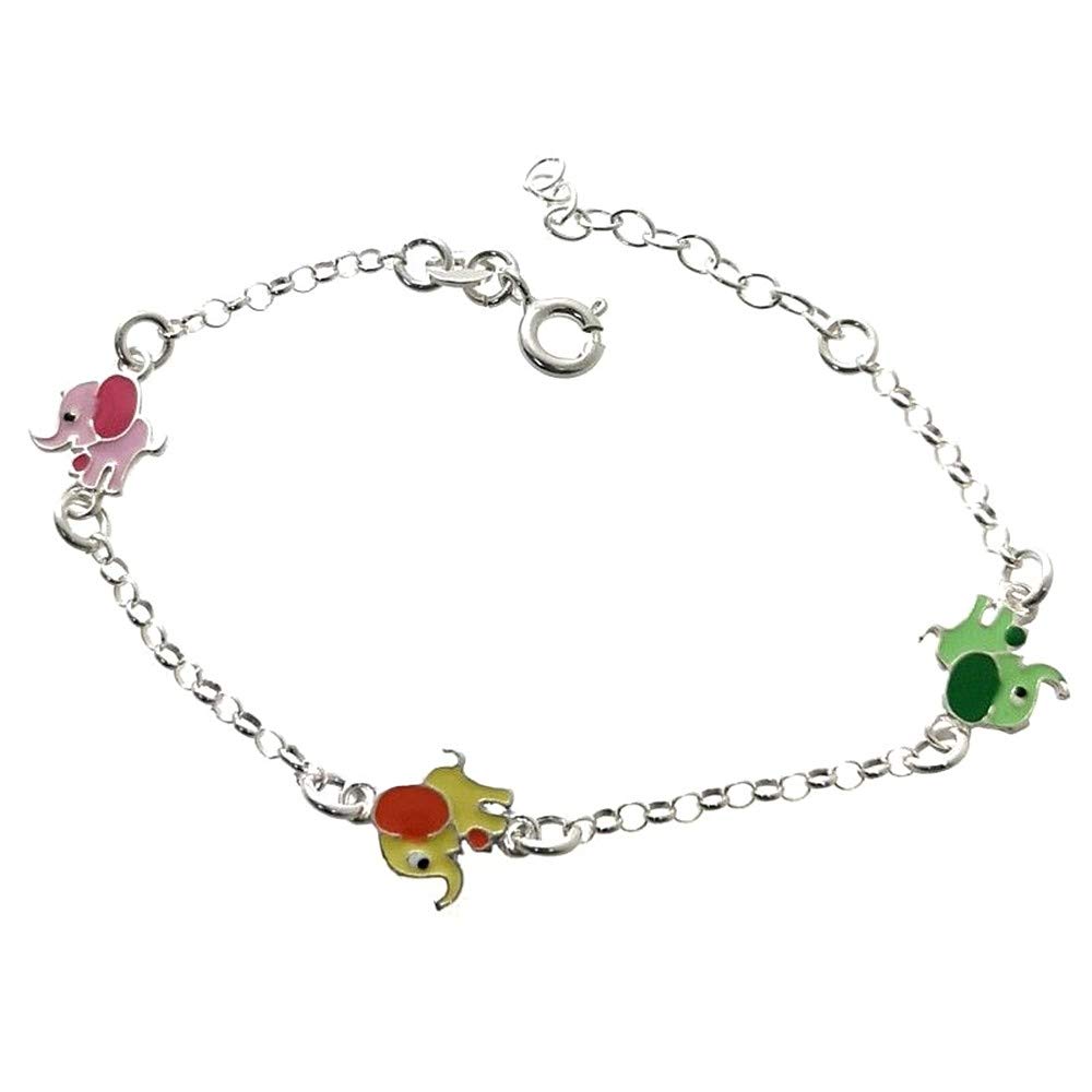 Pulsera plata Ley 925m infantil 15cm. elefantes esmaltados doble cara cadena rolo cierre reasa