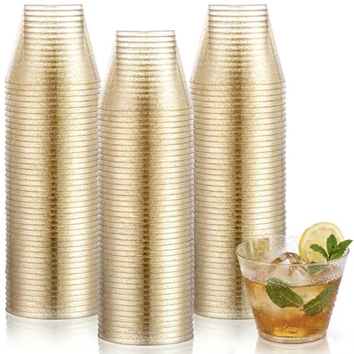 Hioasis 200Pcs 9OZ Gold Glitter Plastic Cups - Gold Plastic Cups Heavy Duty & BPA-free for Party Wedding Celebrations