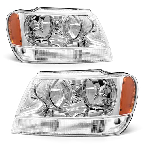 ADCARLIGHTS for 1999 2000 2001 2002 2003 2004 Jeep Grand Cherokee Headlight Assembly Compatible with 1999-2004 Jeep Grand Cherokee Chrome Housing Amber Reflector Driver and Passenger SideW/O Bulbs