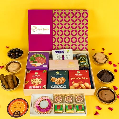 Image of The Flavour Republic Premium Diwali Snack Hamper Gift Box | Bhai Dooj Special with Assorted Chocolate Cookies, Brownie Thins, Cracker Chocolates, Blueberry Cake Biscotti, Bamboo-Free Incense Sticks & Mukhwas Paan Shots | Perfect for Birthdays, Anniversaries, Corporate & Family Gifting | Gourmet Treats Box